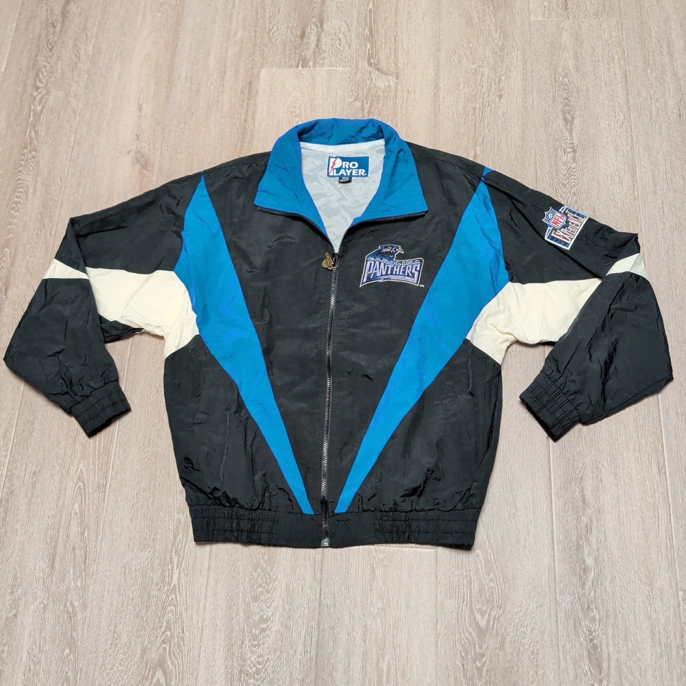 Vintage 90s Pro Player Carolina Panthers Jacket Mens Medium Black Blue NFL